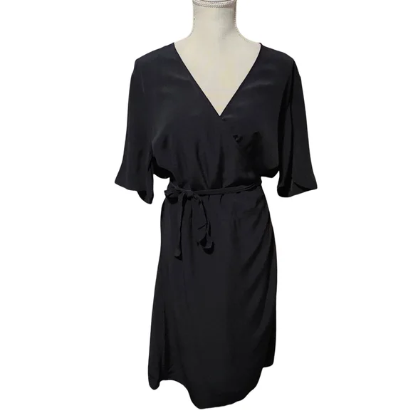 EILEEN FISHER Black Wrap Dress Womens Size 14 Tencel Short Sleeve Midi Minimal - Picture 2 of 14